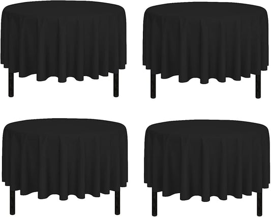 Pomp Black 90" Inch Round Premium Polyester Tablecloth (4 Pack) | Wrinkle + Stain Resistant Easy Care Fabric | Fits Round or Circle Table