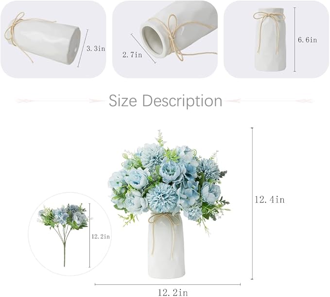 LESING Artificial Peony with Vase Silk Flowers Bouquets Fake Hydrangea Bulks for Home Table Centerpieces Wedding Decoration(Blue-1)