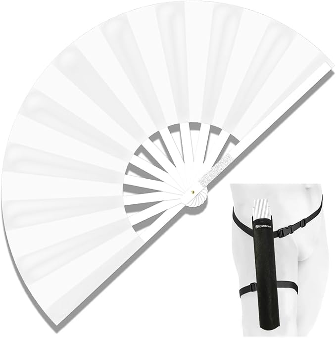 13" Large Folding Rave Fan with Holster, Clack Hand Fans Foldable for Line Dancing, Boots On The Ground Fan for Women Men Festival EDM Party Decoration, White