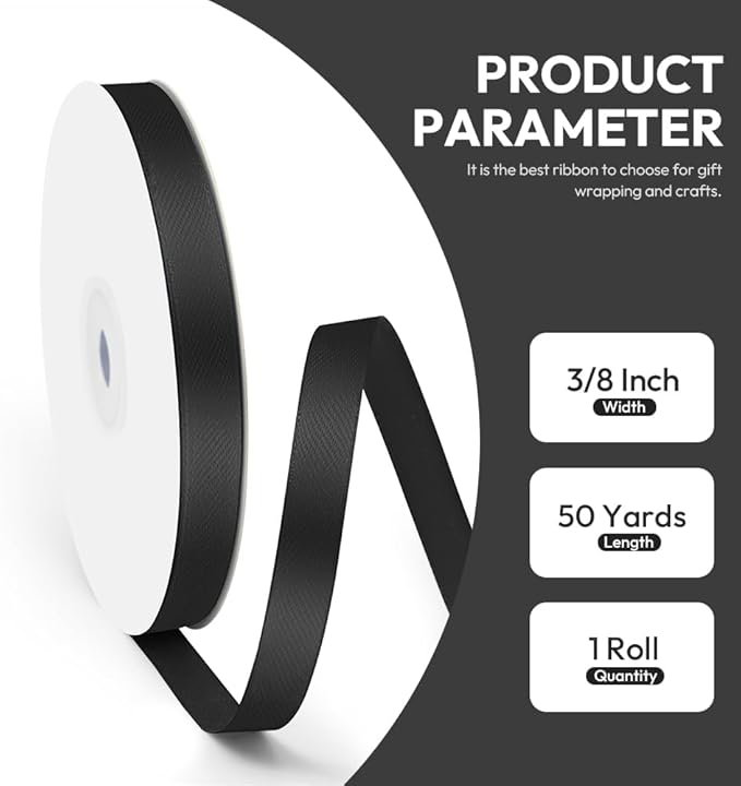 3/8" x 50 Yards Satin Ribbon - Black Silk Ribbon with Spool - Ideal for Gift Wrapping, Floral Bouquets, Crafts, Wedding Party Decorations, Christmas and Sewing Projects