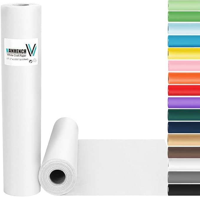 Vanhench White Wrapping Paper 17.5"x1200"(100'), White Easel Painting Drawing Paper Roll Kids Art Supplies, Chart Poster Bulletin Board, Floor Covering Arts Crafts Gift Wrap 80GSM 55LB