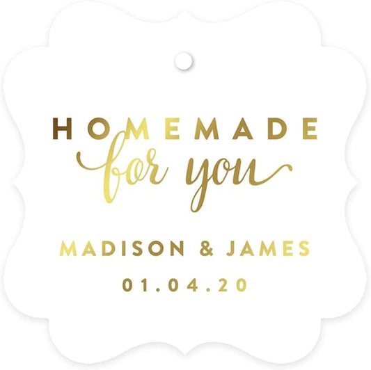Andaz Press Personalized Fancy Frame Square Wedding Gift Tags, Metallic Gold Ink, Homemade for You, 24-Pack, Custom Made Any Name