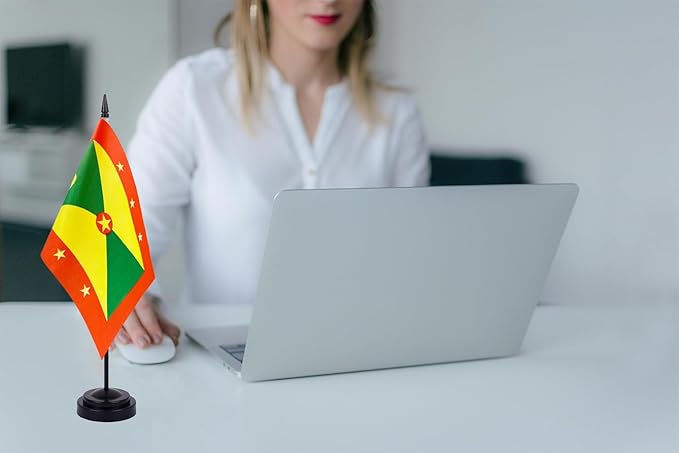 WXTWK 2 Pack Grenada Flag Grenada Deluxe Desk Flag Set - Mini Small Grenada Table Office Flags with Black 12" Solid Pole Stand Base Classroom Meeting Desktop Decorations