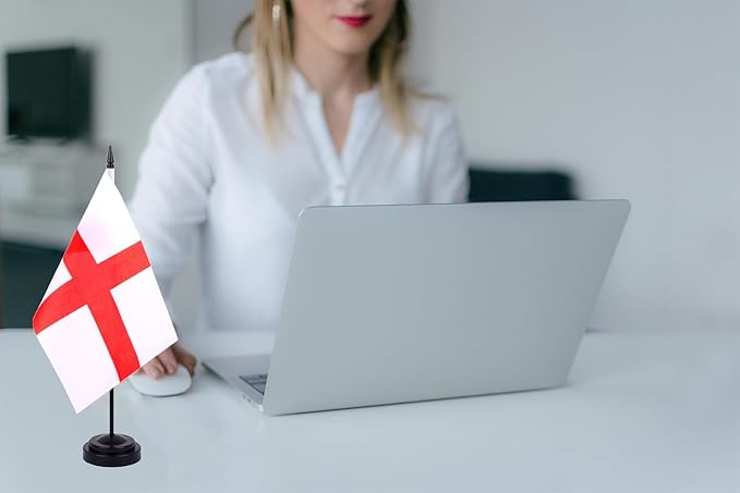WXTWK 2 Pack England Flag England Deluxe Desk Flag Set - Mini Small Englander Table Office Flags with Black 12" Solid Pole Stand Base Classroom Meeting Desktop Decorations