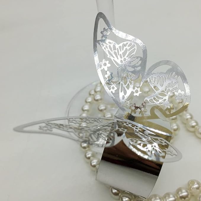 150 Pcs Napkin Rings Laser Cut Butterfly Shape Foil Paper Napkin Holder for Weddings Party Serviette Table Decoration Restaurant (Silver)