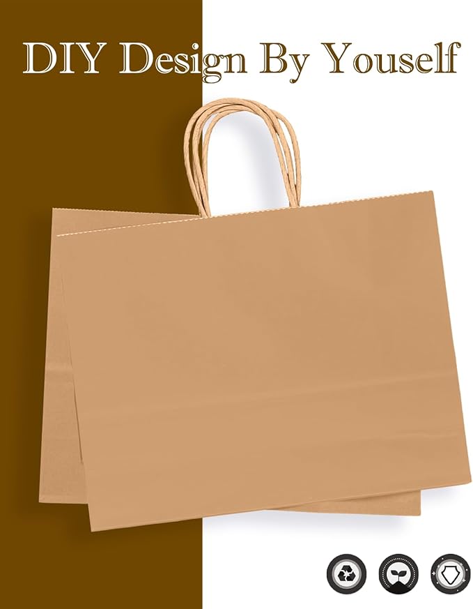 qiqee 30-Packs Brown Gift Bags with Handles Bulk 13"x4.5"x10" Wide Large Size Party Paper Bags