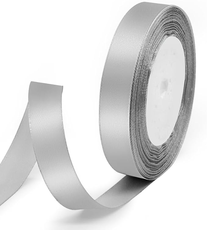 5/8" x 25 Yards Satin Ribbon, Silver Silk Ribbon Ideal for Gift Wrapping, Floral Bouquets, Crafts, Wedding Party Decorations, Christmas and Sewing Projects
