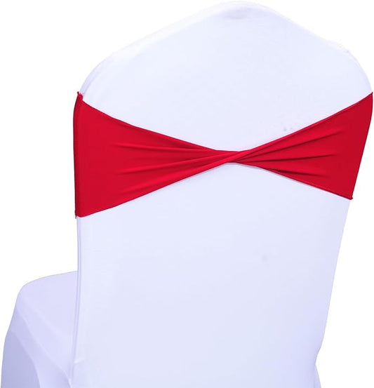 MDS Pack of 10 Spandex Chair Sashes Bows Elastic Stretch Dining Chair Bands Ties Without Slider Buckle Universal fits for Wedding Baby Shower Birthday Party Banquet Event Decoration - Red