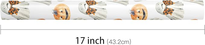 LeZakaa Halloween Wrapping Paper Roll for Kids, Watercolor Ghosts Pumpkins with Bows Spooky Soft Vintage Design, for Trick-or-Treat Decor,Aesthetic Holiday Packaging, Mini Roll 17 in x 16.4 Ft
