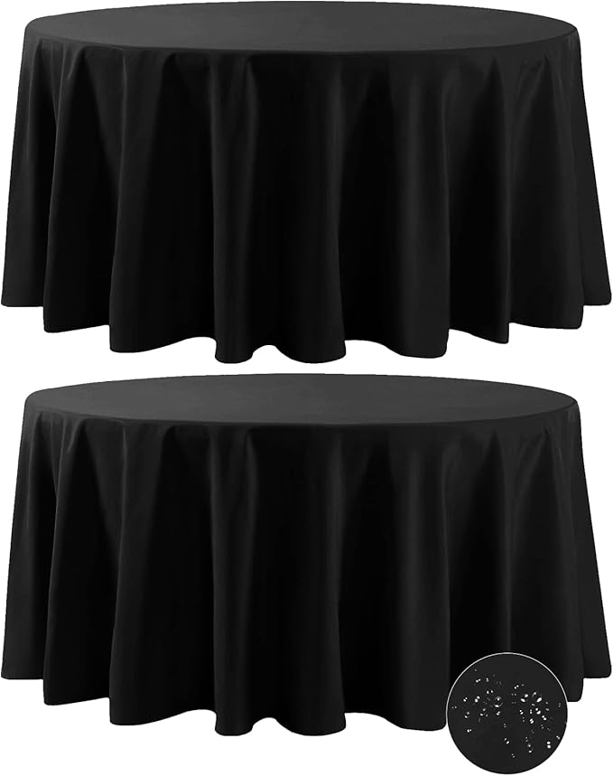 Fokitut 2 Pack Waterproof Round Tablecloth, 108 Inch, Stain Resistant and Wrinkle Polyester Table Cloth, Fabric Table Cover for Kitchen Dining, Wedding, Party, Holiday Dinner-Black