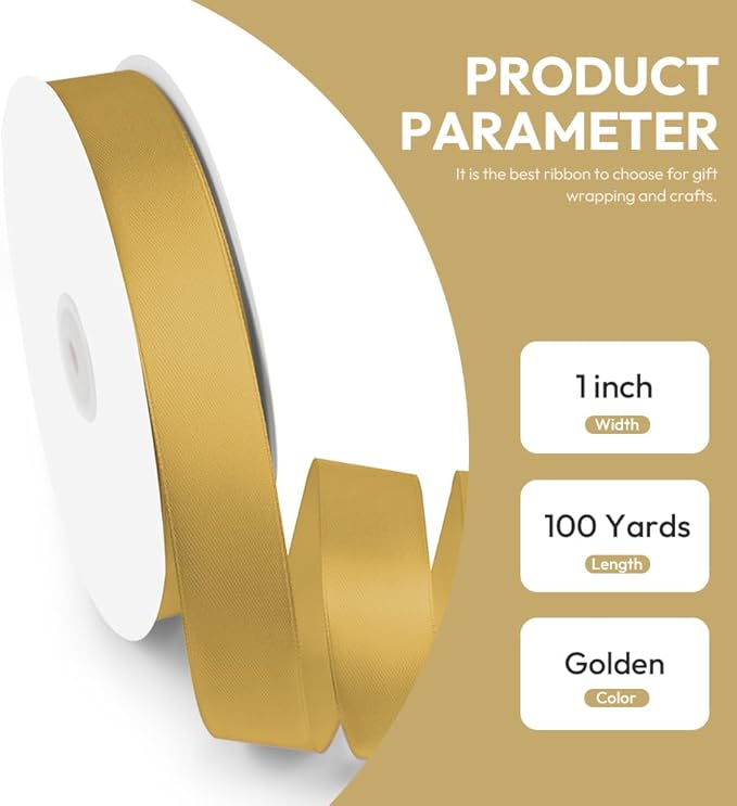 1" x 100 Yards Satin Ribbon - Dark Gold Silk Ribbon with Spool - Ideal for Gift Wrapping, Floral Bouquets, Crafts, Wedding Party Decorations, Christmas and Sewing Projects