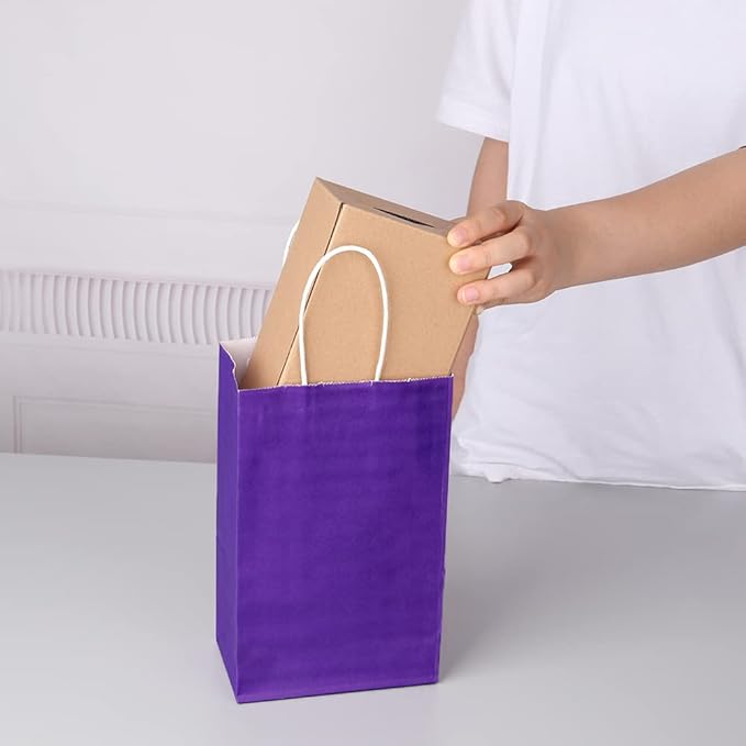 Oikss 50 Pack 5.25x3.25x8.25 Inch Small Purple Kraft Paper Bags with Handles Bulk for Birthday Wedding Party Favors Grocery Retail Shopping Business Goody Craft Gift Bags Cub Sacks, 50 Count