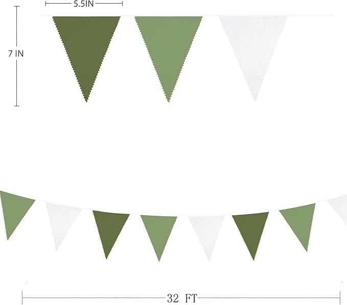 32Ft Olive Green Party Decorations Sage Green Triangle Flag Fabric Banner Pennant Garland Streamers for Birthday Wedding Woodland Baby Shower Jungle Safari Summer Golf Outdoor Party Decor