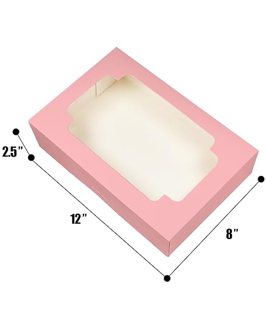 qiqee Auto-pop up Pink Cookie Box with Window 12x8x2.5 inch 32 Packs Two Uses One Second Folding Pastry Biscuit Bakery Box for Packaging