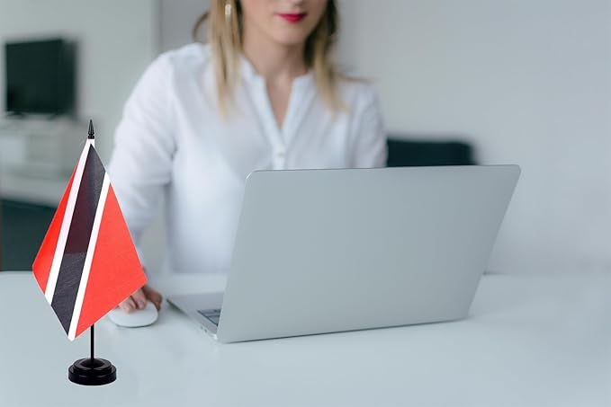 WXTWK 2 Pack Trinidad Flag Trinidad Deluxe Desk Flag Set - Mini Small Trinidad and Tobago Table Office Flags with Black 12" Solid Pole Stand Base Classroom Meeting Desktop Decorations