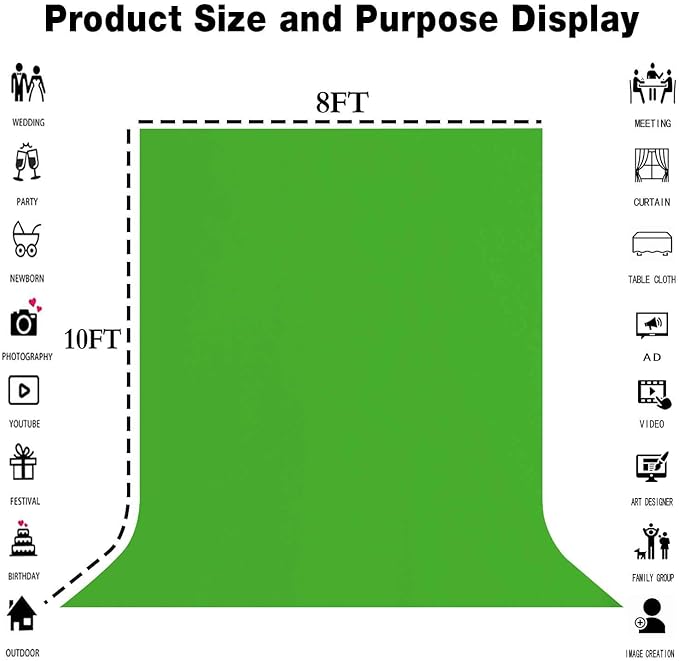 8x10FT Green High Density Fabric Screen Backdrop, Solid Color Photography Background for Video, Studio, Photo, Live, Editing