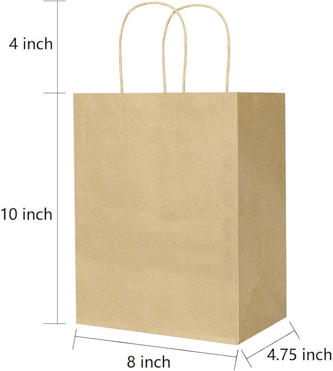 Oikss 50 Pack 8x4.75x10 Inch Medium Brown Kraft Paper Bags with Handles Bulk for Birthday Wedding Party Favors Grocery Retail Shopping Business Goody Craft Gift Bags Sacks (Plain Natural 50 Count)