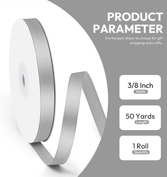 3/8" x 50 Yards Satin Ribbon - Silver Silk Ribbon with Spool - Ideal for Gift Wrapping, Floral Bouquets, Crafts, Wedding Party Decorations, Christmas and Sewing Projects