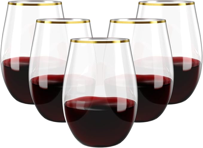 FOCUSLINE 20pcs 16 Oz Plastic Wine Glasses, Stemless Gold Rim, Heavy Duty Disposable Drinking Cups, Reusable Shatterproof for Party & Wedding