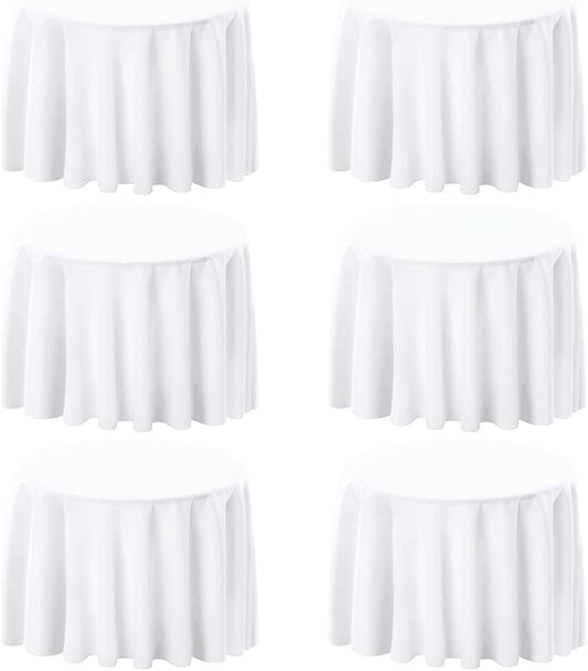 6 Pack White 90 Inch Round Tablecloths. Stain and Winkle Resistant Polyester Washable White Table Cloths for Parties Wedding Dining