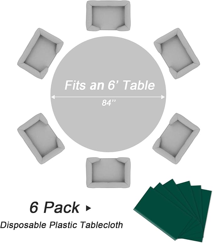 QIKSION Dark Green Round Tablecloth 6 Pack, 84 Inch Plastic Table Cover Disposable for Parties