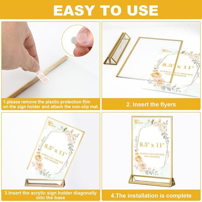 EHWINE 12 Pack Acrylic Sign Holder 8.5 x 11, Double Sided Gold Picture Frame Stand up Table Top Sign Holders, Clear Display Stand Menu Flyer Holder for Wedding Party (Provide Non-slip Mats)