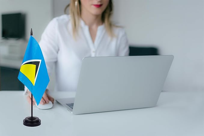 WXTWK 2 Pack Saint Lucia Flag Saint Lucia Deluxe Desk Flag Set - Mini Small Saint Lucia Table Office Flags with Black 12" Solid Pole Stand Base Classroom Meeting Desktop Decorations