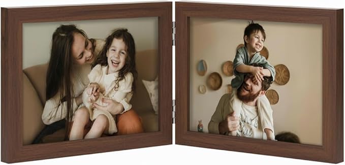 decorUhome Double 7x5 Picture Frame Horizontal, Engineered Wood Bifold Photo Frame with Plexiglass for Tabletop Display, 7x5, Brown