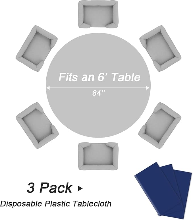 QIKSION Navy Blue Round Tablecloth 3 Pack, 84 Inch Plastic Table Cover Disposable for Parties