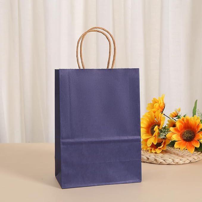 25 PCS Small Dark Blue Gift Bags Kraft Paper Bags with Handles for Party Favor (8.2 x 6 x 3.1 in)