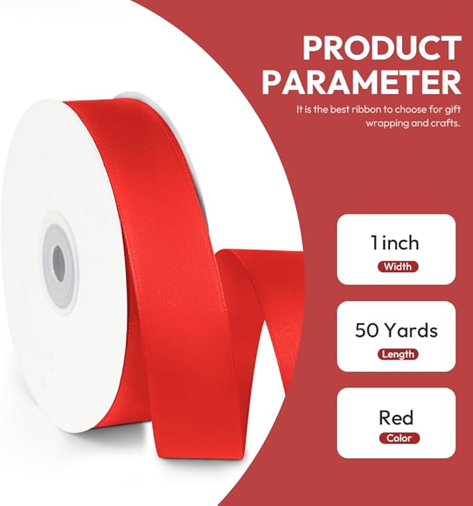 1" x 50 Yards Satin Ribbon - Red Silk Ribbon with Spool - Ideal for Gift Wrapping, Floral Bouquets, Crafts, Wedding Party Decorations, Christmas and Sewing Projects