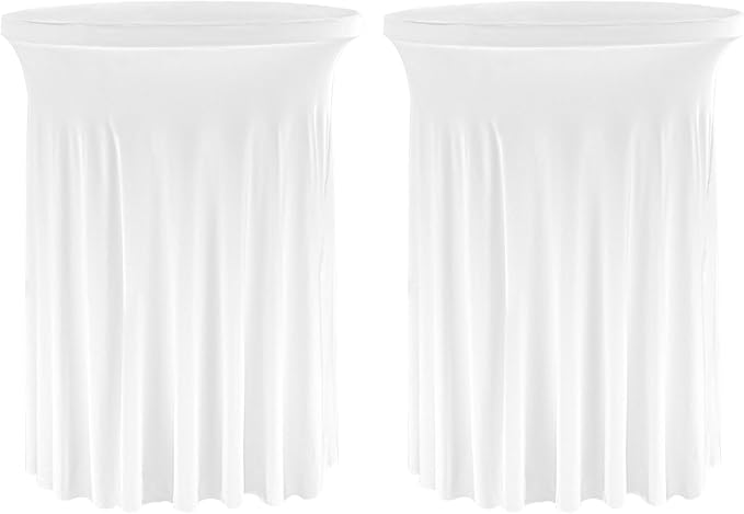 Fivenl 2 Pack Spandex Cocktail Table Skirt 32"x 43" White Stretch Cocktail Table Cover, Washable Round High Top Tablecloth for Bar, Wedding, Party, Events (White)