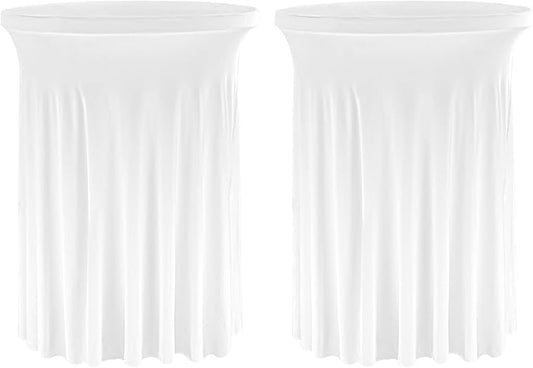 Fivenl 2 Pack Spandex Cocktail Table Skirt 32"x 43" White Stretch Cocktail Table Cover, Washable Round High Top Tablecloth for Bar, Wedding, Party, Events (White)