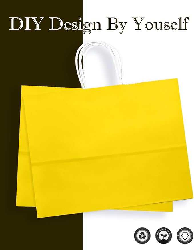qiqee 50-Packs Bright Yellow Paper Gift Bags with Handles Bulk 12.6"x4.3"x10" Wide Large Size Party Favor Bags Multiple Uses
