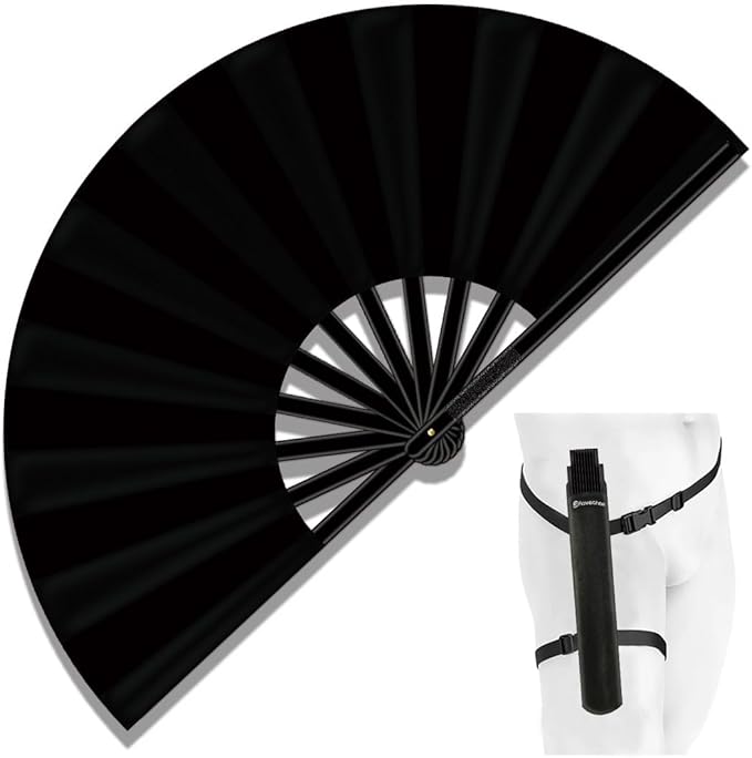 13" Large Folding Rave Fan with Holster, Clack Hand Fans Foldable for Line Dancing, Boots On The Ground Fan for Women Men Festival EDM Party Decoration, Black