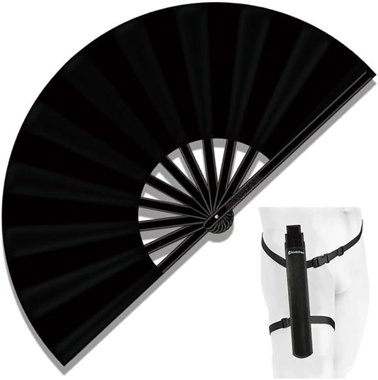 13" Large Folding Rave Fan with Holster, Clack Hand Fans Foldable for Line Dancing, Boots On The Ground Fan for Women Men Festival EDM Party Decoration, Black
