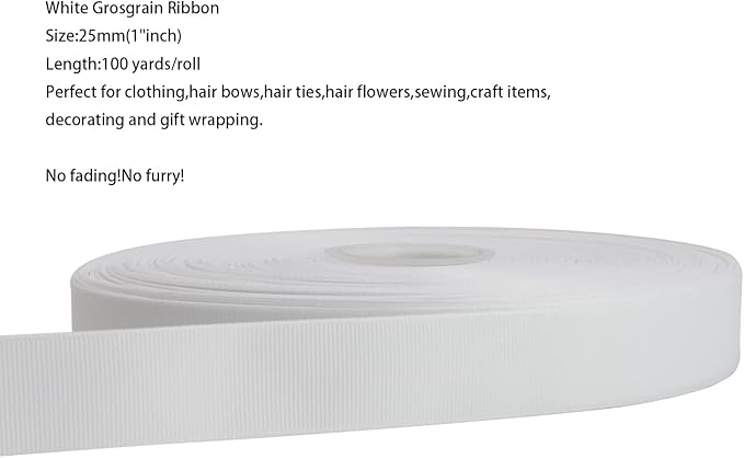 Jesep One Roll 100 Yards 1" Soild Grosgrain Ribbon Boutique Gift Wrapping Package Ribbon, DIY Crafts Bow Hair Headband Accessories Assorted Ribbon#29(1" 25mm, White)