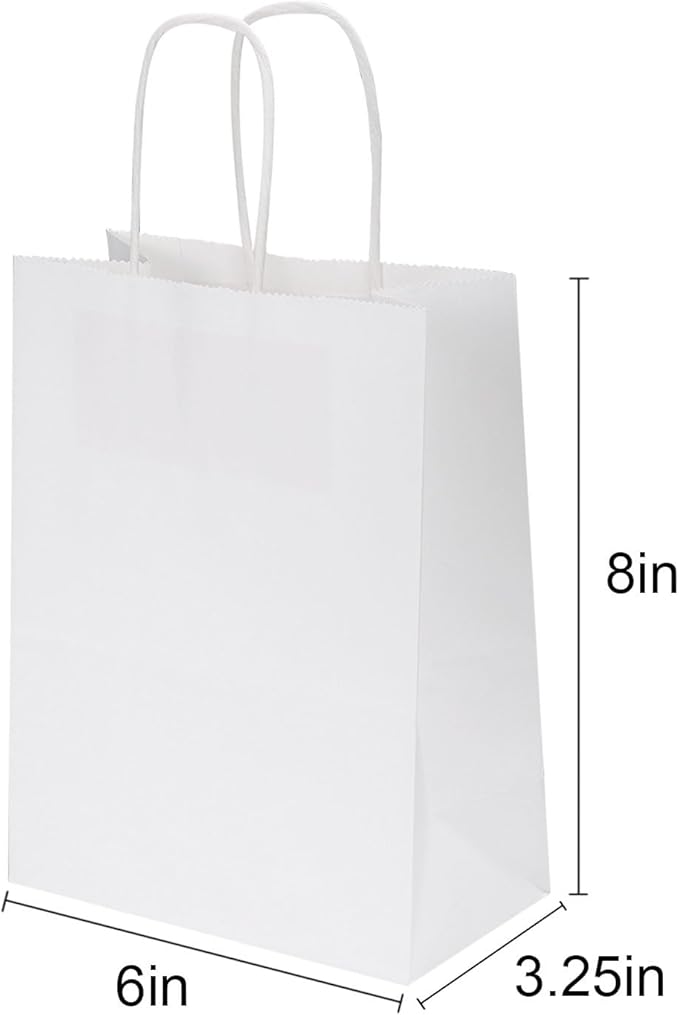 Joybe 300 Pack 6x3.25x8 Inch Small White Paper Bags with Handles Bulk, Kraft Paper Gift Bags for Birthday Party Favors Grocery Retail Shopping Business Goody Merchandise Craft Blank Sacks (300pcs)