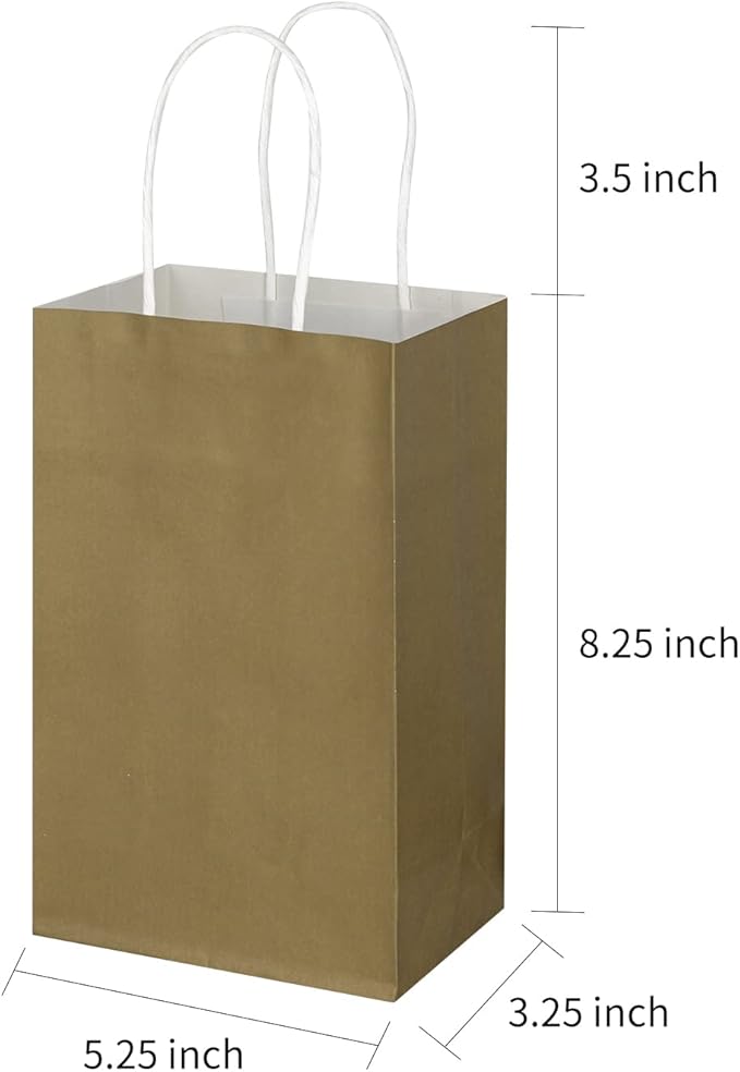 Toovip 50 Pack 5.25x3.25x8.25 Inch Small Gold Kraft Paper Bags with Handles Bulk, Gift Wrap Bags for Favor Grocery Retail Party Birthday Shopping Business Goody Craft Merchandise Take Out Cub Sacks