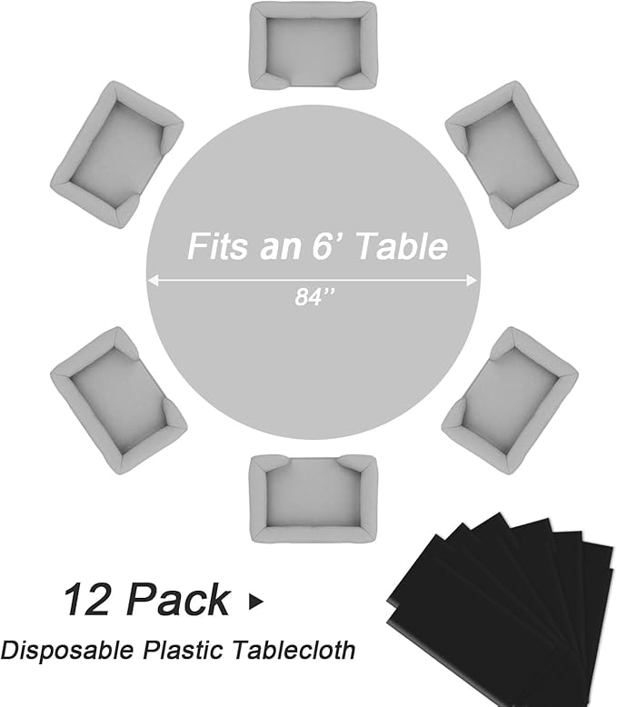 QIKSION Black Round Tablecloth 12 Pack, 84 Inch Plastic Table Cover Disposable for Parties