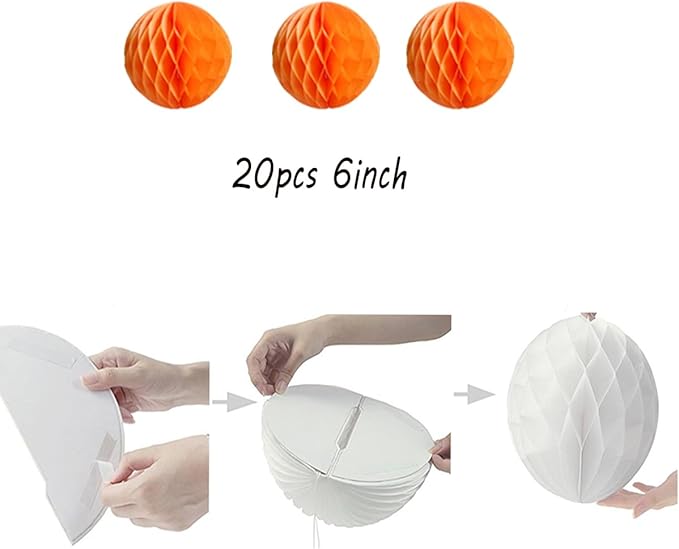 20pcs Honeycomb Flower Balls - Party Decor, Tissue Paper Pom Poms (6inch, Orange)