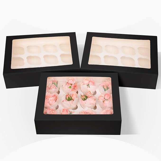 12 Cupcake Containers 20-Packs Black Cupcake Box Cupcakes Carrier, 12 Cupcake Boxes with Window 13"x10"x3.5"（Auto-pop up）