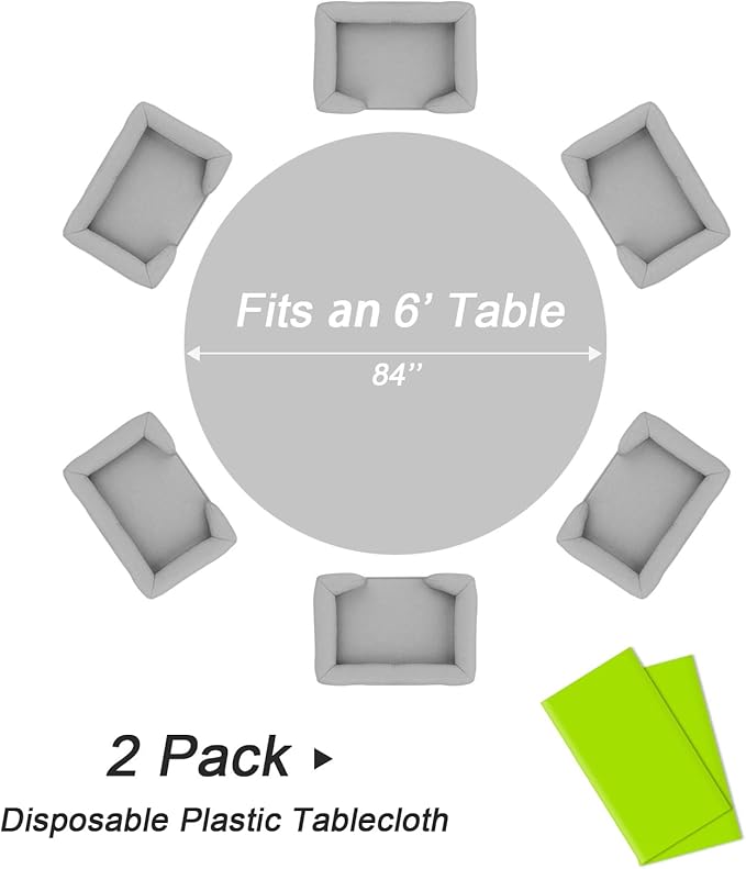 QIKSION Lime Green Round Tablecloth 2 Pack, 84 Inch Plastic Table Cover Disposable for Parties