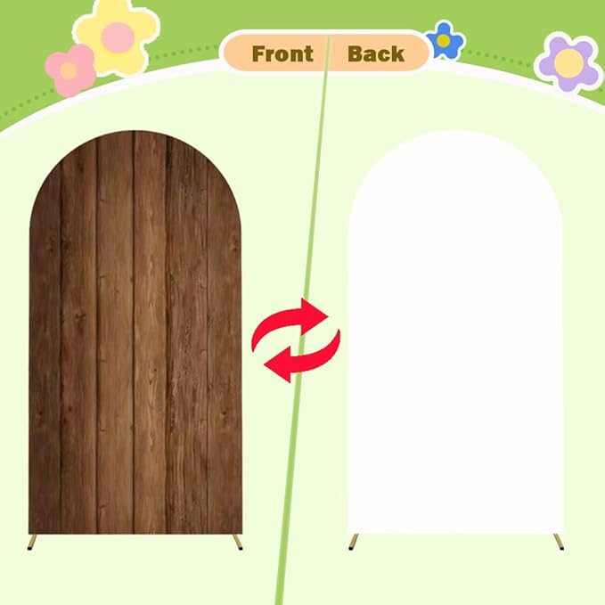 Wood Arch Cover 6.6ft Arch-Backdrop-Cover Jungle Theme Arched Stand Covers Wooden Arches Backdrop Double Sided Wood & White Cover for Back Drop Stand for Baby Shower Wild First Birthday Decor