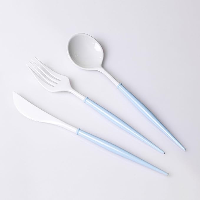 180PCS White Plastic Silverware with Blue Handle,Disposable Utensils Set Include 60 Forks,60 Knives,60 Spoons,Modern Heavy Duty Plastic Silverware Set for Party,Birthday,Wedding