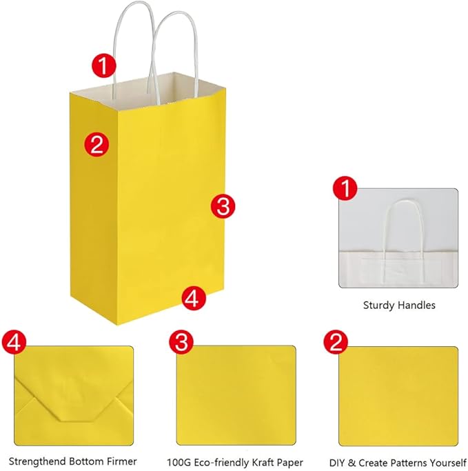Oikss 50 Pack 5.25x3.25x8.25 Inch Small Yellow Kraft Paper Bags with Handles Bulk for Birthday Wedding Party Favors Grocery Retail Shopping Business Goody Craft Gift Bags Cub Sacks, 50 Count