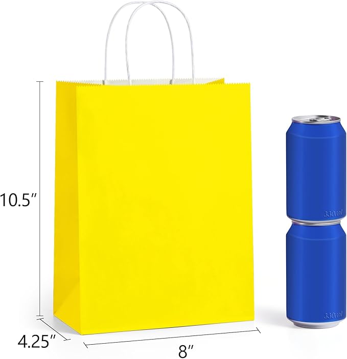 BagDream 8x4.25x10.5 Inch 100Pcs Yellow Gift Bags Medium, Kraft Paper Bags with Handles Bulk for Welcome Party Favors, Baby Shower, Goody, Treat, Retail, Grocery Paper Sacks