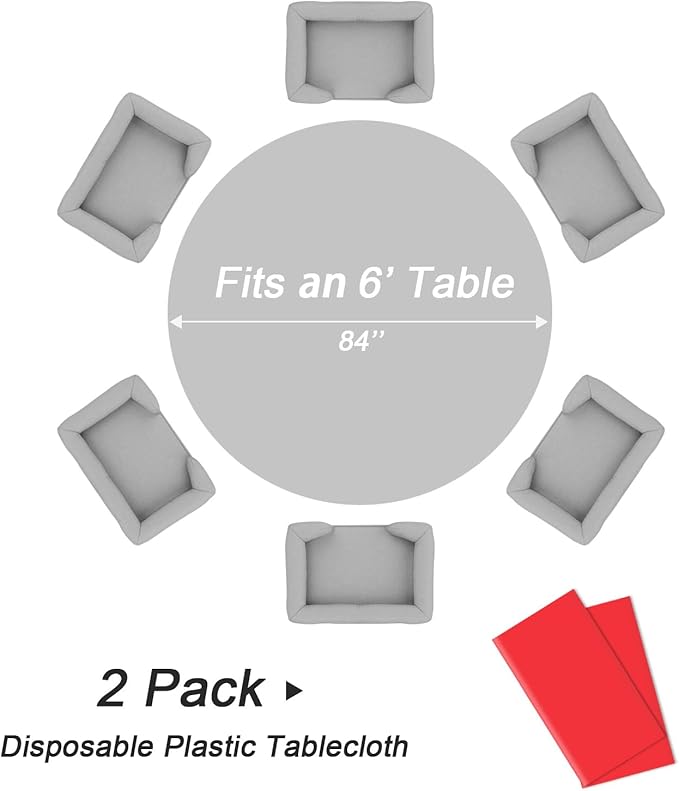 QIKSION Red Round Tablecloth 2 Pack, 84 Inch Plastic Table Cover Disposable for Parties
