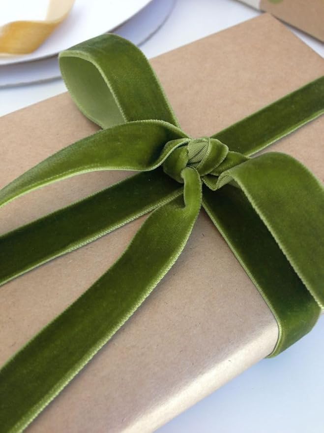 Olive Green Christmas Velvet Ribbon for Tree, Gift Wrapping, Flower Bouquet, Wreath Decorations, Bow Making 1'', 25 Yards