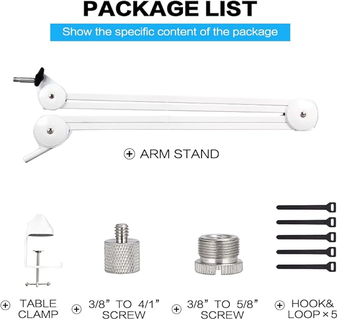 BOMGE Microphone Boom Arm Mic Stand Adjustable Clip Studio Suspension Scissor Arm Mount for Blue Snowball, ICE, Blue Yeti,Radio Broadcasting and Game (white)